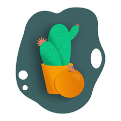 Flowering cactus in a pot. Throws away a light shadow. Isolated on white.