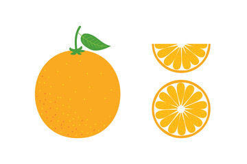 Set, collection of vector cartoon style orange fruit with leaves and slices of orange isolated on white background.
