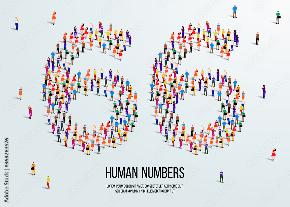 Fototapete large group of people form to create number 66 or sixty six. people font or number. vector illustrat