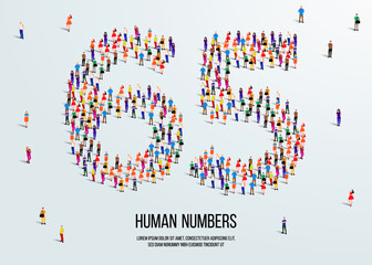 large group of people form to create number 65 or sixty five. people font or number. vector illustration of number 65.