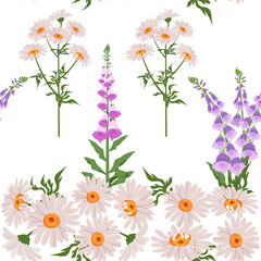 Delicate foxglove and chamomile on a white background. Seamless vector illustration. - obrazy, fototapety, plakaty