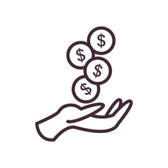 dollar coins over hand line style icon vector design