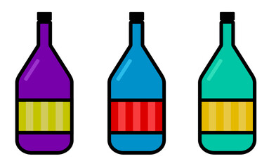Bottles of wine in a row in the flat style. Vector image of bottles. Colorful bright bottles. Colorful bottles of drink. Bar drinks, wine bar, restaurant bar.