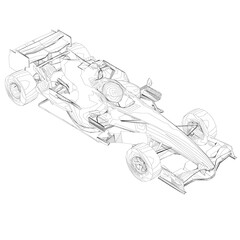 Wireframe racing car from black lines on a white background. Isometric view. 3D. Vector illustration