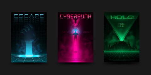 Cyberpunk poster set. Futuristic retrowave vivid layouts for electronic music events. Virtual reality concept. Design for flyer, cover. Vector. - obrazy, fototapety, plakaty