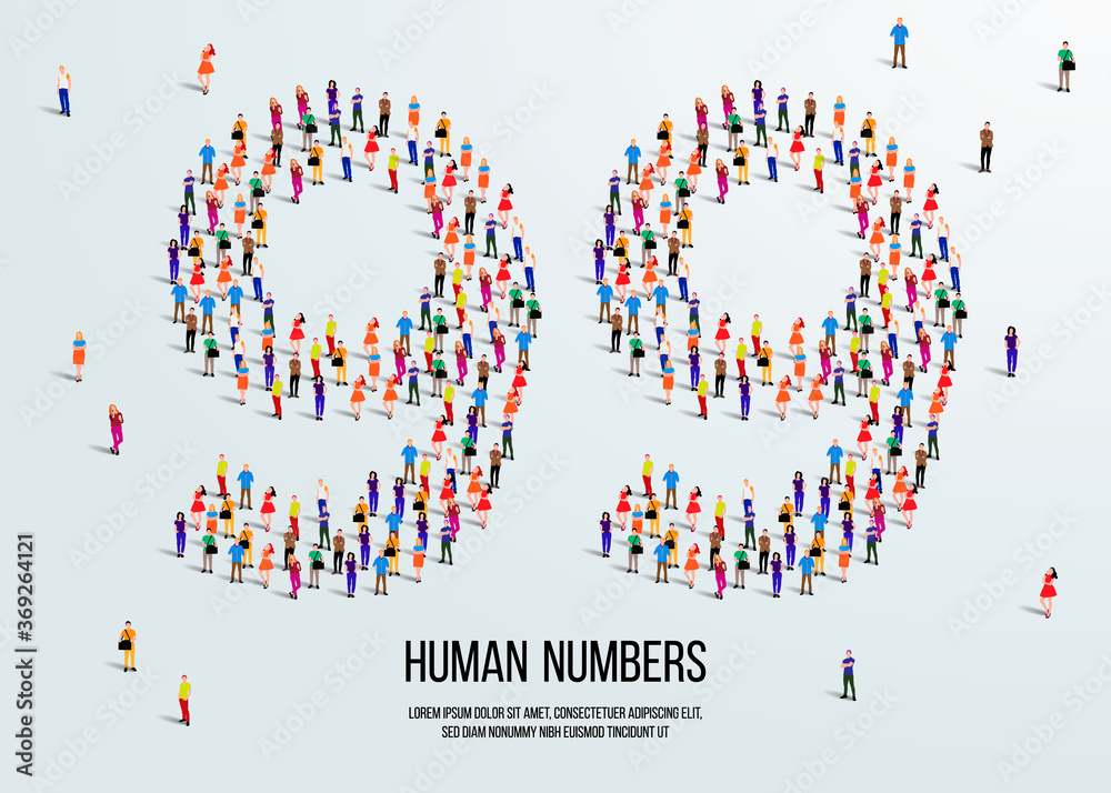 Fototapete large group of people form to create number 99 or ninety nine. people font or number. vector illustr