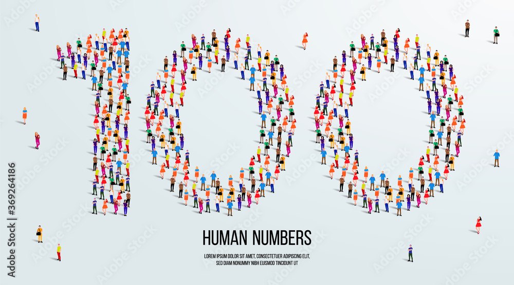 Fototapete large group of people form to create number 100 or one hundred. people font or number. vector illust