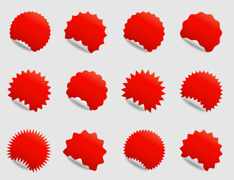 Set of round stickers with curled corner and different edges. Vector illustration