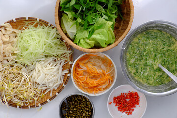 Top view raw material for homemade vegan food, Vietnamese pancake  make from rice flour, delicious vegetarian for non meat diet