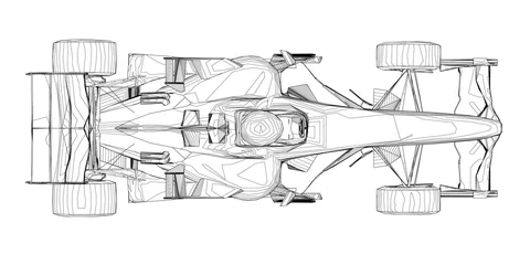 Acrylic prints F1 Wireframe racing car from black lines on a white background. View from above. 3D. Vector illustration