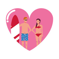 young couple wearing beach suits with surfboard in heart