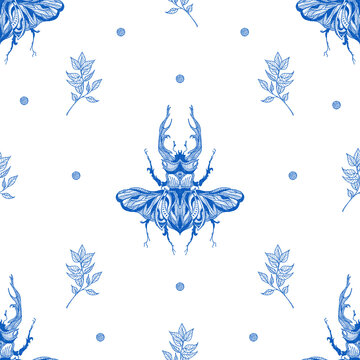 Creative pattern of insects and twigs. Blue pattern on a white background. Botanical print. A print made of painted insects. Modern design for textiles, packaging, posters.