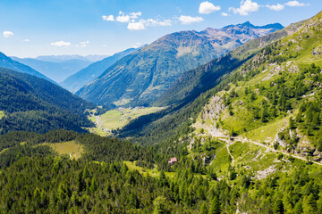 Obraz premium Grosina Valley, Valtellina, aerial view from the Verva pass towards Eita