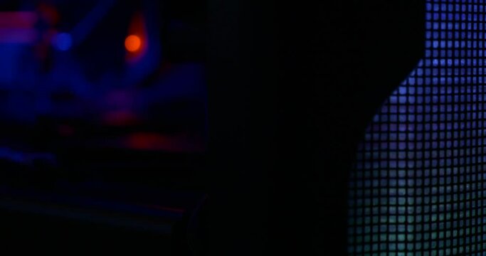 Inside the Modern Computer with Led Lighting - Efficient Liquid Cooling On Processor CPU Motherboard Slider Dolly Shot