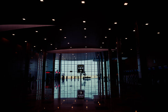 25.07.2020 Egypt, Hurghada. International airport building departure area silhouettes at city background 