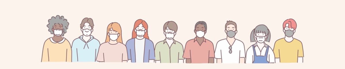 Obraz premium Group of people wearing medical masks. COVID-19,flu,dust protection concept. Hand drawn character style vector.