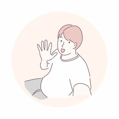 Happy man doing selfie and showing hand. Greeting,