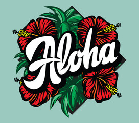 Vector color illustration with Aloha lettering, palm leaves and hibiscus