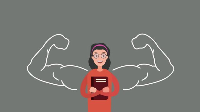 Female student animation stands with strong hands