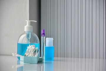 Medical equipments for protecting coronavirus, germs and diseases, face mask, cotton buds, hand sanitizer, alcohol spray.