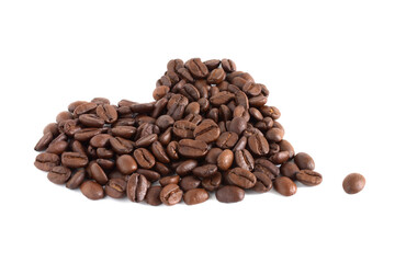 Heart shaped coffee beans isolated on the white background,copy space.