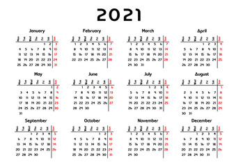 calendar 2021, week starts on Monday, basic business template. vector illustration