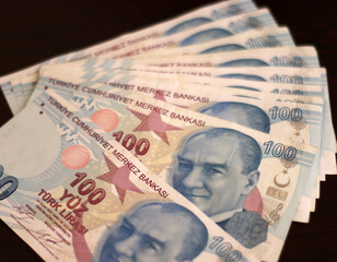 100 Turkish Lira banknotes. Turk Lirasi TL Close up.