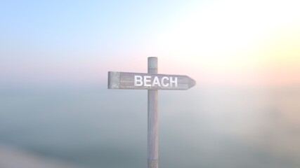 Wooden direction sign pointing towards beach 3D Render