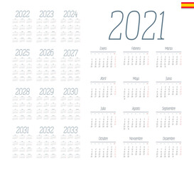 Spanish calendar 2021 - 2033 on white background. Start on monday. Vector illustration