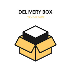 Delivery box isometric icon. Vector illustration of open delivery box with merchandise item inside. Postal parcel cardboard package yellow vector isometric icon