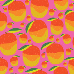 Tropical mangos with leaves. Seamless vector repeat pattern. Great for home decor, wrapping, fashion, scrapbooking, wallpaper, gift, kids, apparel.