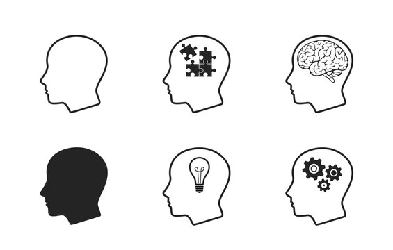 human head icon set. mind process and business solutions symbol. web design symbols and infographic elements