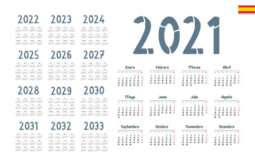 Spanish calendar 2021 - 2033 on white background. Start on monday. Vector illustration