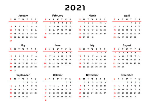 calendar 2021, week starts on Sunday, basic business template. vector illustration