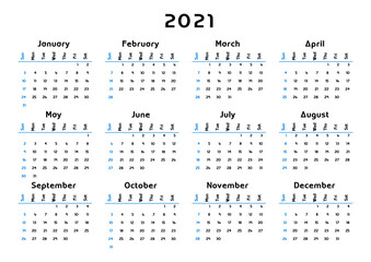 calendar 2021, week starts on Sunday, basic business template. vector illustration