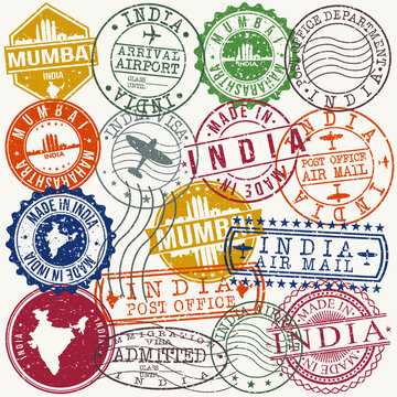 Mumbai India Stamp Vector Art Postal Passport Travel Design Set Badge.