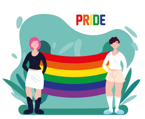 women cartoons with lgbti flag and leaves vector design