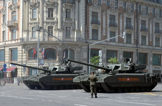 Russian t-14 Armata battle tank on a heavy tracked platform on Tverskaya street during the dress rehearsal of the parade dedicated to the 75th anniversary of Victory