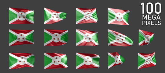 Burundi flag isolated - different pictures of the waving flag on grey background - object 3D illustration