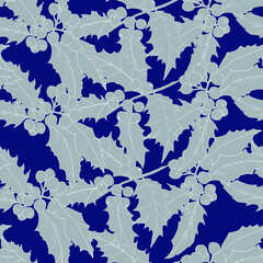 Seamless vector pattern with gray holly silhouettes branches with white outline on deep blue background. Background for textiles, fabrics, covers, wallpapers, print, wrapping gift