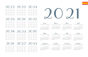 Spanish calendar 2021 - 2033 on white background. Start on monday. Vector illustration