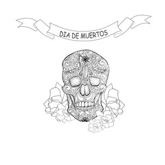 Day of the dead banner. Skull profile doodle rose hand drawn graphic ink sketch stock vector illustration for web, for print