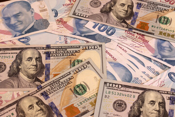 Turkish lira and American dollars 100 banknotes. Turk Lirasi TL