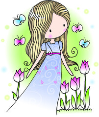 Vector cartoon cute girl and flowers
