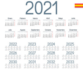 Fototapeta na wymiar Spanish calendar 2021 - 2033 on white background. Start on monday. Vector illustration