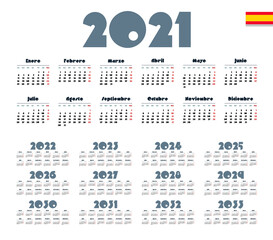 Spanish calendar 2021 - 2033 on white background. Start on monday. Vector illustration