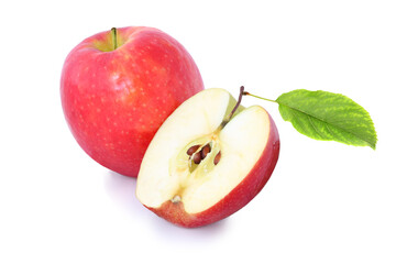 Red apple and half with leaf isolated on white