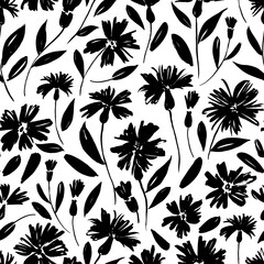 Black flowers with stems vector seamless pattern. Hand drawn botanical ink illustration with floral motif. Camomile, aster or daisy painted by brush. Hand drawn black print, wrapping paper, wallpaper