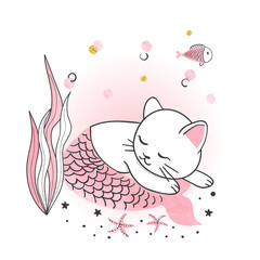 Cartoon sleeping cat mermaid vector illustration. Print for kids.