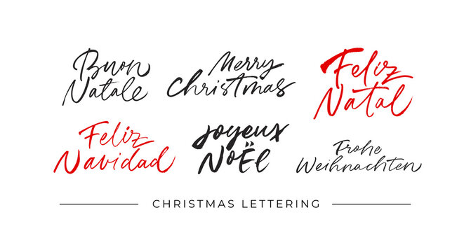 Merry Christmas calligraphy set in different languages: French, German, English, Portuguese, Italian, Spanish. Holidays vector black lettering for greeting cards, invitation, banner, poster, prints